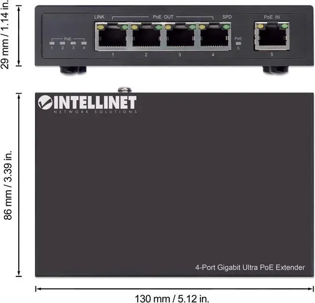 Alt view image 8 of 8 - Intellinet 4-Port Gigabit Ultra PoE Extender, Adds up to 100 m (328 ft.) to PoE Range, 90 W PoE Power Budget, Four PSE Ports with up to 30 W Output, IEEE 802.3bt (PoE++ / 4PPoE) Compliant, Metal Housi