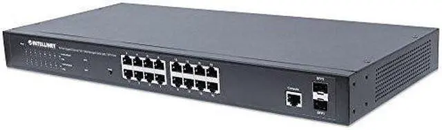 Main image of Intellinet 16-Port Gigabit Ethernet PoE+ Web-Managed Switch with 2 SFP Ports | IEEE 802.3at/af Power over Ethernet (PoE+/PoE) Compliant, 220 W, Self-Healing Network, Endspan, 19" Rackmount