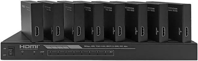Alt view image 8 of 13 - Monoprice Blackbird 4K HDMI 2.0 1x8 Splitter Extender Complete Solution Kit-- 18Gbps, HDR, 4K@60Hz, YCbCr 4:4:4, HDCP 2.2, Cat6/6a/7 with IR, Loop Out, EDID, POC with 8 Receivers, 60m, 197ft