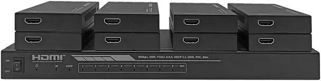 Alt view image 10 of 13 - Monoprice Blackbird 4K HDMI 2.0 1x8 Splitter Extender Complete Solution Kit-- 18Gbps, HDR, 4K@60Hz, YCbCr 4:4:4, HDCP 2.2, Cat6/6a/7 with IR, Loop Out, EDID, POC with 8 Receivers, 60m, 197ft