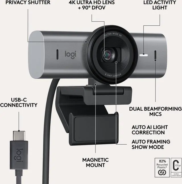Alt view image 14 of 15 - Logitech BRIO 705 Webcam - 8.5 Megapixel - USB Type C - 4K - 4096 x 2160 Video - STARVIS Sensor - Auto-focus - 90° Angle - Clip - 4x Digital Zoom - Microphone - Windows 10, macOS 10.15