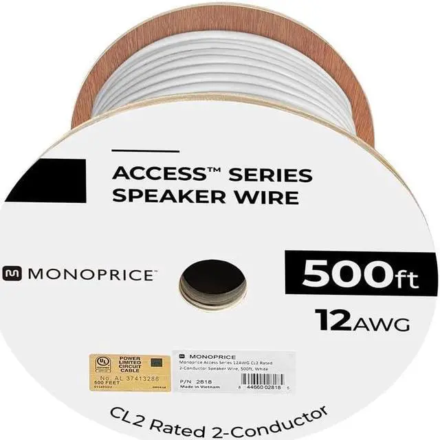 Alt view image 18 of 18 - Monoprice Access Series 12 Gauge AWG CL2 Rated 2 Conductor Speaker Wire / Cable - 500ft Fire Safety In Wall Rated, Jacketed In White PVC Material 99.9% Oxygen-Free Pure Bare Copper