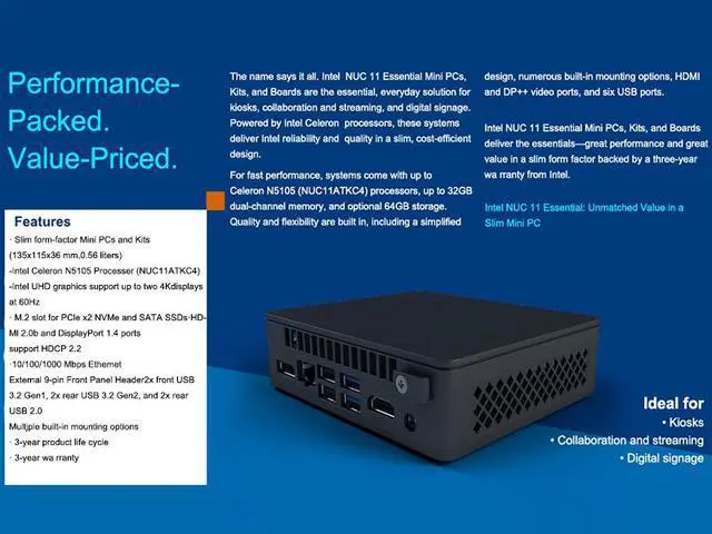 Alt view image 4 of 7 - Intel NUC 11 Essential Atlas Canyon Intel Celeron Processor N4505 NUC11ATKC2 Mini PC 2.0 GHz - 2.9 GHz Burst, 2 core, 2 Thread, 10W,Intel UHD Graphics, 450750MHz Burst (4G RAM 64G SSD)