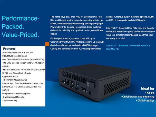 Alt view image 5 of 7 - Intel NUC 11 Essential Atlas Canyon Intel Celeron Processor N4505 NUC11ATKC2 Mini PC 2.0 GHz - 2.9 GHz Burst, 2 core, 2 Thread, 10W,Intel UHD Graphics, 450 750 MHz Burst(8G RAM 512G SSD)