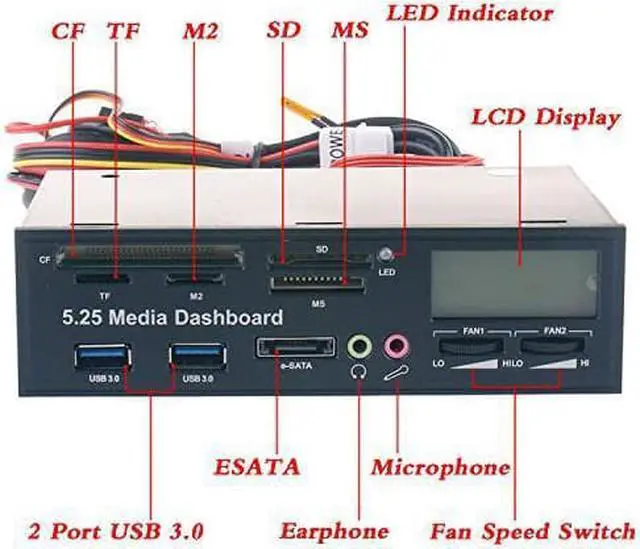 Alt view image 2 of 7 - 5.25 inch Multi-function USB 3.0 Hub CF TF M2 SD MS Card Reader Fan Controller with LCD Display PC Front Panel Media Dashboard with eSATA Audio Headphone Mic Port