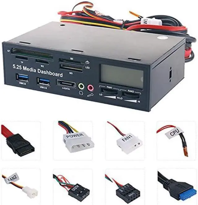Alt view image 4 of 7 - 5.25 inch Multi-function USB 3.0 Hub CF TF M2 SD MS Card Reader Fan Controller with LCD Display PC Front Panel Media Dashboard with eSATA Audio Headphone Mic Port