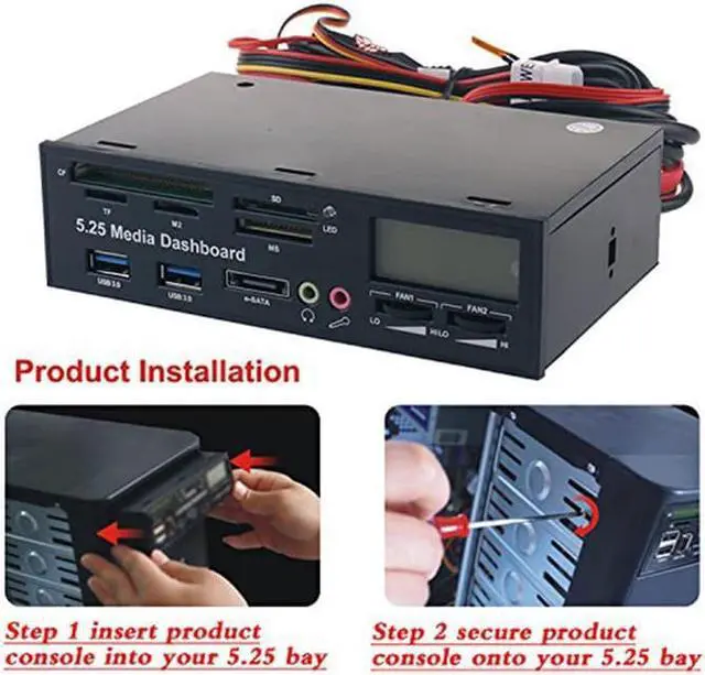 Alt view image 6 of 7 - 5.25 inch Multi-function USB 3.0 Hub CF TF M2 SD MS Card Reader Fan Controller with LCD Display PC Front Panel Media Dashboard with eSATA Audio Headphone Mic Port