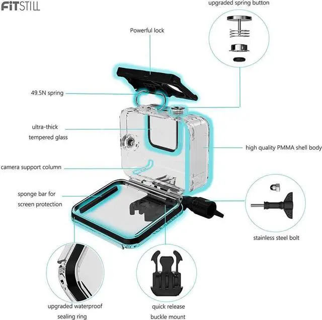 Alt view image 4 of 7 - 60M Waterproof Case for GoPro Hero 12 Black / Hero 11 Black / Hero 10 Black / Hero 9 Black, Protective Underwater Dive Housing Shell with Bracket Accessories for Go Pro Hero 12 11 10 9 Action Camera