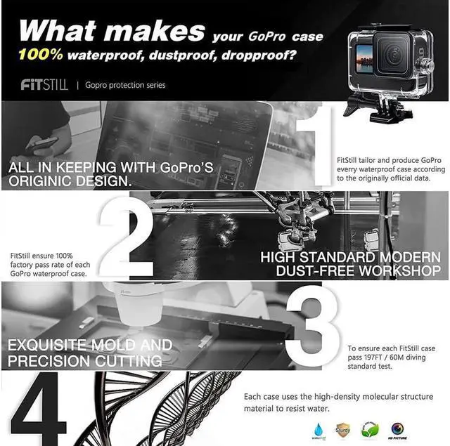 Alt view image 2 of 7 - 60M Waterproof Case for GoPro Hero 12 Black / Hero 11 Black / Hero 10 Black / Hero 9 Black, Protective Underwater Dive Housing Shell with Bracket Accessories for Go Pro Hero 12 11 10 9 Action Camera