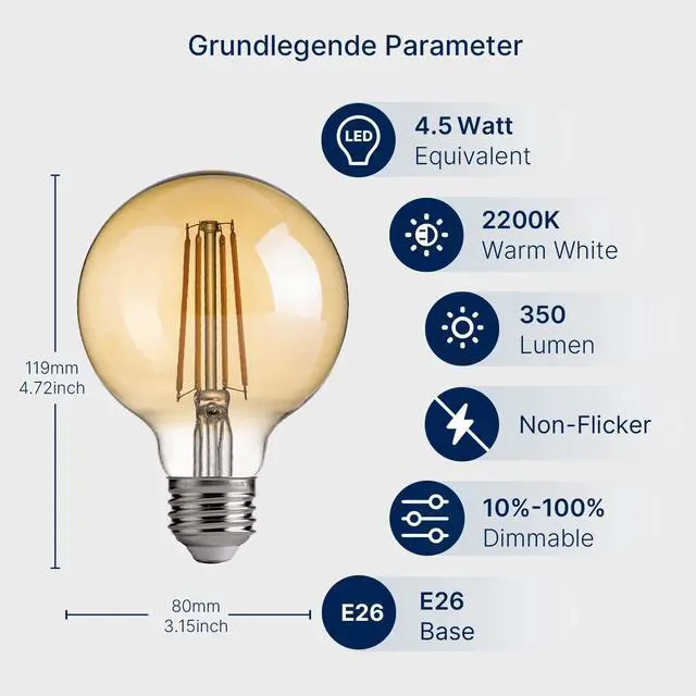 Alt view image 2 of 7 - Jaspertronics G25 LED Edison Light Bulbs 2200K Warm White Dimmable 4W (40W Eqv) 350LM E26 Base Amber Glass CRI90 Energy Saving Lighting for Indoor Chandeliers & Fixtures - 4 Pack