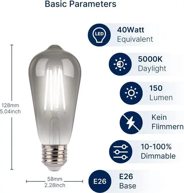 Alt view image 2 of 7 - Jaspertronics ST19 LED Edison Bulbs - 5000K White Light, Dimmable Smoky Grey Glass 4W (40W Eqv) CRI82+ 300LM E26 Base Energy-Efficient For Pendant Fixtures & Indoor Use - 4 Pack
