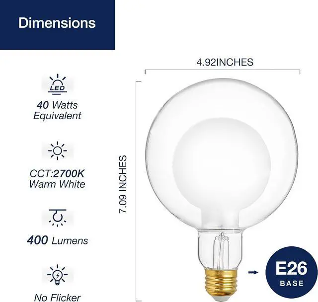 Alt view image 2 of 7 - Jaspertronics G125 Decorative Dimmable Globe LED Edison Bulbs 2700K Soft White 7W (40W Eqv) 400LM Frosted Glass E26 Base CRI90 Energy-Efficient Lighting for Pendant Lights - 1 Pack