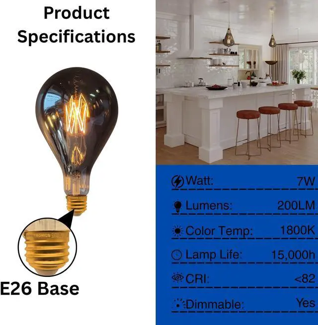 Alt view image 6 of 6 - Jaspertronics LED Large Decorative Pendant Light Bulbs 25W Equivalent, Dimmable LED Oversized Bulbs with Smoke Glass, 1800K Warm White, 7W, 200LM, E26 Base, PS160/PS52