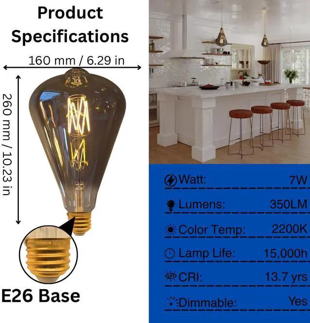 Alt view image 2 of 7 - Jaspertronics Vintage Oversized LED Edison Bulbs 60W Equivalent, Decorative Dimmable LED M-Type Filaments Bulbs with Smoke Glass, 2000K Warm White, E26 Base, 7W, 600LM, ST164