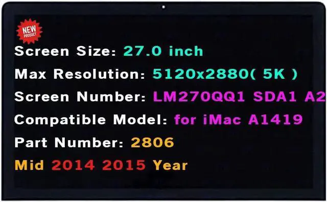 Main image of 5K LCD Replacement LM270QQ1 SDA1 SDA2 for iMac A1419 Mid 2014 Mid 2015 Year EMC2806 661-00200 661-03255 Non-Touch Screen 27.0" Display Panel + Front Glass Cover with Adhesive