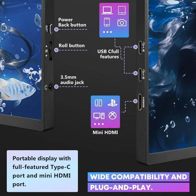 Alt view image 6 of 6 - NUOLAISUN 16" Portable Monitor,1080P Gaming Monitor Ultra-Slim IPS, Support FHD+ HDR Plug&Play Built-in for Laptop, Phones, Tablet, Desktop, Mac PS5/4, Xbox, Switch,Display Speaker with/Bracket