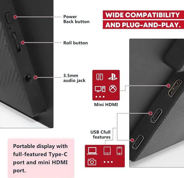 Alt view image 3 of 6 - NUOLAISUN Portable Monitor 18.5 inch 100Hz 100% sRGB FHD 1080P IPS Computer Display Gaming Monitor for Laptop USB C HDMI HDR Travel Monitor with Kickstand for Mac PC Xbox PS4/5 Switch Laptop Monitor