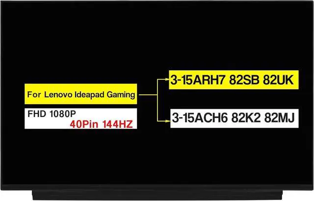 Main image of 15.6" Replacement for Lenovo Ideapad Gaming 3-15ARH7 82SB 82UK / 3-15ACH6 82K2 82MJ Non-Touch Screen LCD Display Panel FHD 1920×1080 (40 Pins 144HZ)