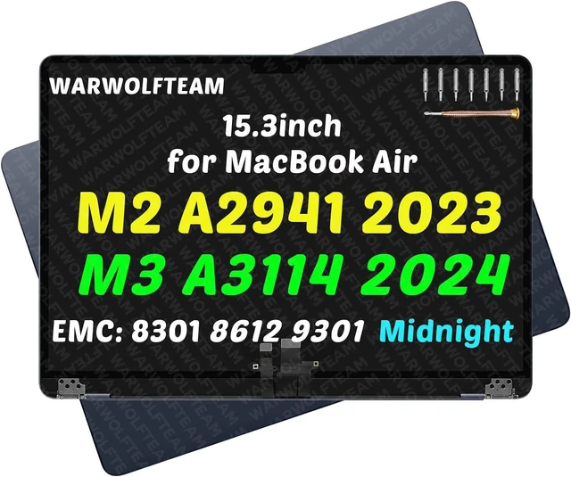 Main image of for MacBook Air A2941 A3114 LCD Screen Replacement, EMC 8301, EMC 8612, EMC 9301, 661-34702, 661-34703, 661-34704, 661-34705, 661-34701, 661-40257, 15.3in, 2880 x 1864Midnight