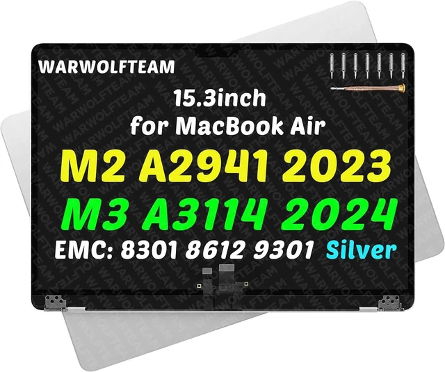 Main image of for MacBook Air A2941 A3114 LCD Screen Replacement, EMC 8301, EMC 8612, EMC 9301, 661-34702, 661-34703, 661-34704, 661-34705, 661-34701, 661-40257, 15.3in, 2880 x 1864Silver