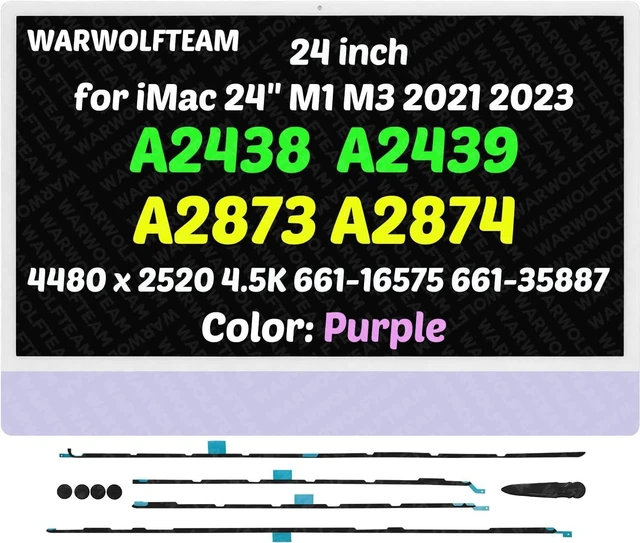 Main image of Compatible with iMac A2438 A2439 A2873 A2874 M1 M3 2021 2023 All in One Retina EMC 3663 3664 8206 8207 24" 4.5K LCD Display Screen Assembly LG204A-215(661-16575 661-35887 Purple)