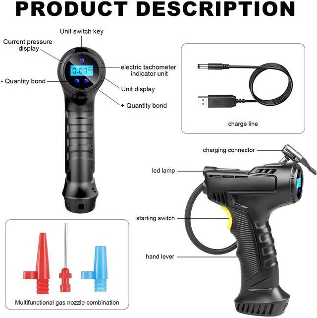 Alt view image 2 of 6 - Cordless Air Pump, 150 PSI Inflatable Handheld Air Compressor Car Tire Pump with Digital Pressure Gauge, Electric Tire Inflator for Bike Car Tires Balls