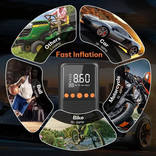 Alt view image 2 of 6 - Portable Cordless Tire Inflator with Auto Shutoff Digital Pressure Gauge - Electric Air Pump for Car Tire Bike Ball - 150 PSI Car Tire Pump with 4 Nozzles