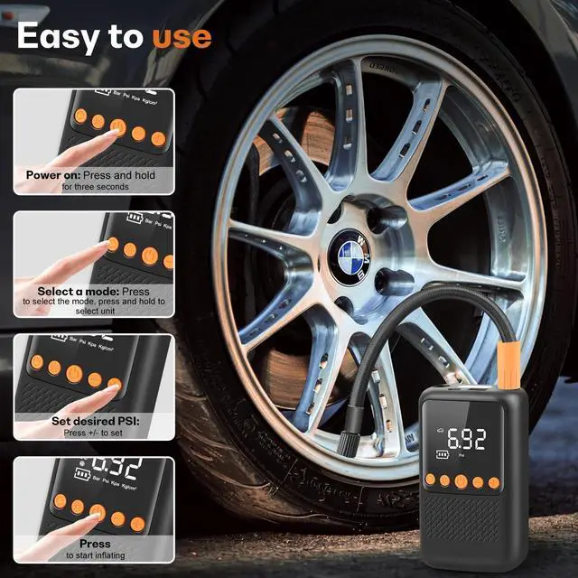 Alt view image 4 of 6 - Portable Cordless Tire Inflator with Auto Shutoff Digital Pressure Gauge - Electric Air Pump for Car Tire Bike Ball - 150 PSI Car Tire Pump with 4 Nozzles