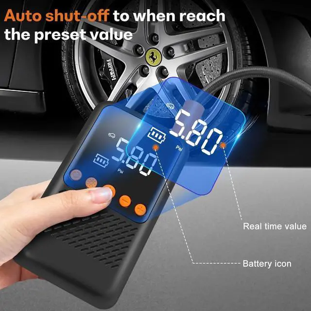 Alt view image 6 of 6 - Portable Cordless Tire Inflator with Auto Shutoff Digital Pressure Gauge - Electric Air Pump for Car Tire Bike Ball - 150 PSI Car Tire Pump with 4 Nozzles