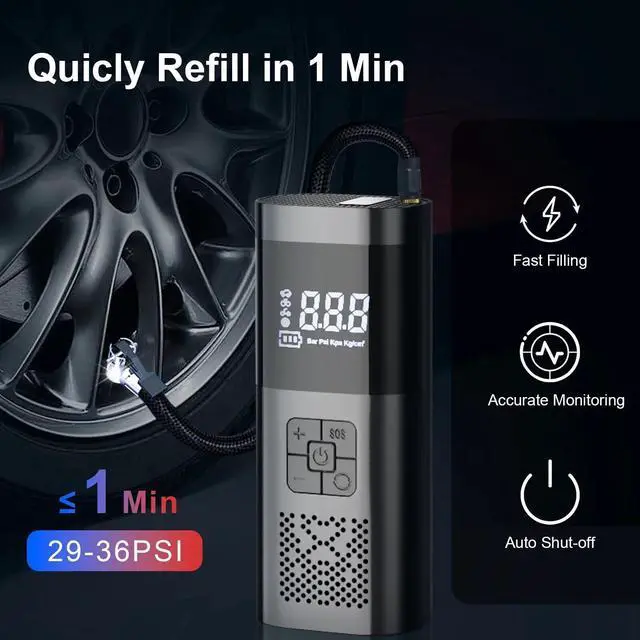 Alt view image 2 of 6 - Tire Inflator Portable Air Compressor, 150PSI Rechargeable 6000mAh Battery Tire Inflator, Mini Air Pump Auto Shut off, Tire Pump with LED Light for Car Motorcycle Bicycle