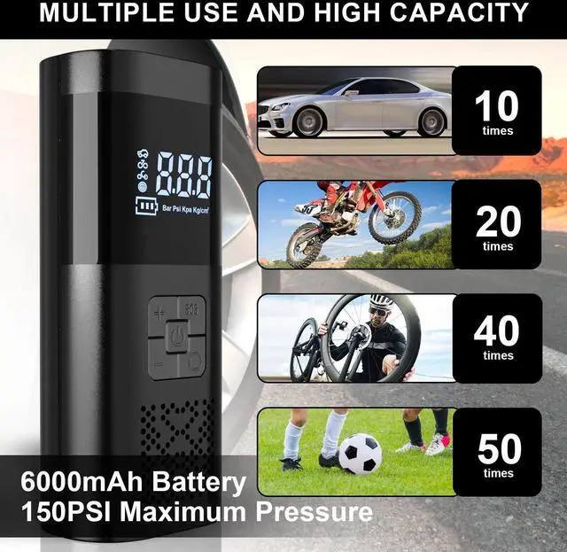 Alt view image 3 of 6 - Tire Inflator Portable Air Compressor, 150PSI Rechargeable 6000mAh Battery Tire Inflator, Mini Air Pump Auto Shut off, Tire Pump with LED Light for Car Motorcycle Bicycle