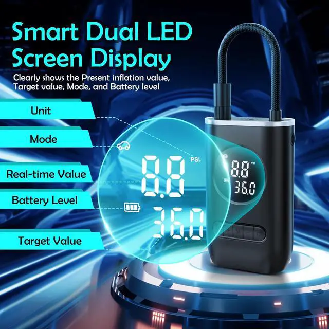 Alt view image 3 of 6 - Tire Inflator Portable Air Compressor, 150PSI Cordless Air Pump for Car Tires with Digital Pressure Gauge, Rechargeable Tire Pump with LED Light for Car Bike Motorcycles Balls