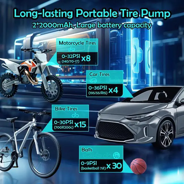 Alt view image 5 of 6 - Tire Inflator Portable Air Compressor, 150PSI Cordless Air Pump for Car Tires with Digital Pressure Gauge, Rechargeable Tire Pump with LED Light for Car Bike Motorcycles Balls