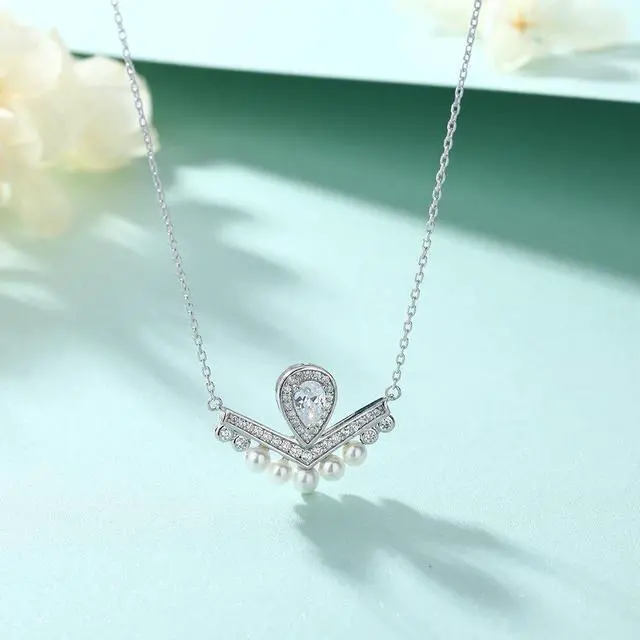 Alt view image 4 of 5 - Zircon Crown Pendant Necklace for Women S925 Sterling Silver Pearl Necklace - Wedding Engagement Valentine's Day Christmas Gift