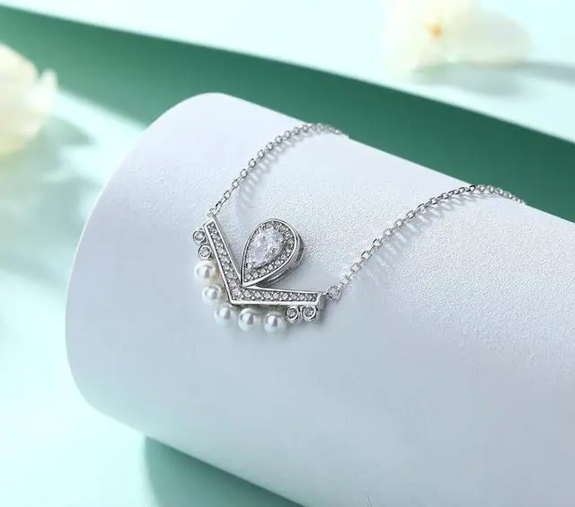 Main image of Zircon Crown Pendant Necklace for Women S925 Sterling Silver Pearl Necklace - Wedding Engagement Valentine's Day Christmas Gift