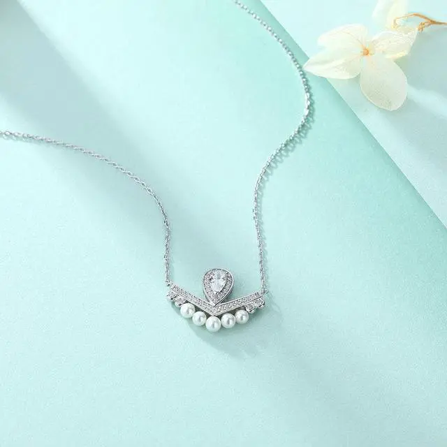 Alt view image 3 of 5 - Zircon Crown Pendant Necklace for Women S925 Sterling Silver Pearl Necklace - Wedding Engagement Valentine's Day Christmas Gift