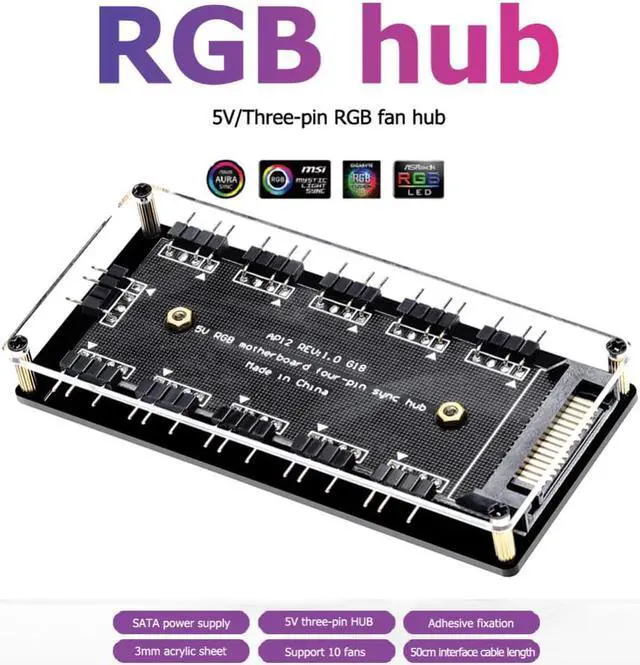 Main image of 5V 3PIN/12V 4PIN ARGB Extension Splitter Adapter Electron PC Computer Extension Cable 10 Ports RGB Fan HUB PC Computer Desktop