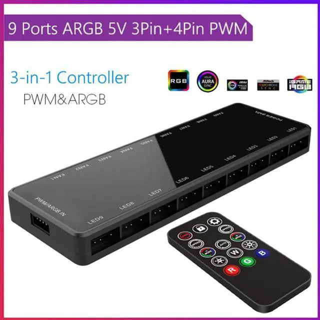 Main image of 1 To 9 3 in 1 Hub Remote Control 5V 3 Pin Argb Cooling Fan Aura Sync Hub Safety Parts 4 Pin Pwm Magnetic Suction Hub for pc Case