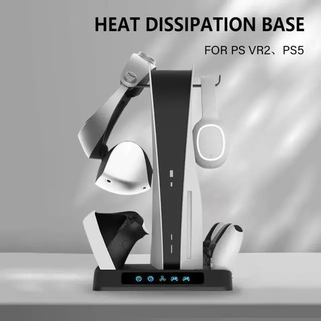 Main image of Mulltifunctional Cooling Stand Indicator Lamps Storage Rack Vertical Stand Games Rack USB Charging for PS VR2 PS5 Game Accessory