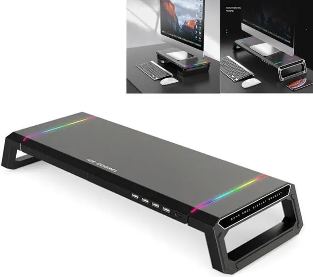 Main image of Adjustable Desktop Computer Monitor Riser RGB Monitor Stand Riser Holder 4 USB3.0 Desk Laptop Bracket for Home Office