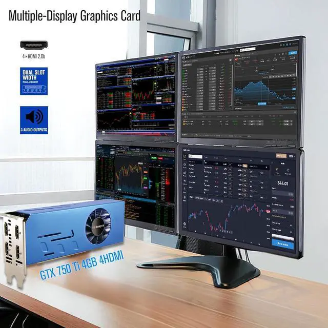 Alt view image 4 of 7 - SRhonyra GTX 750 Ti 4GB Graphics Card, 4 HDMI Outputs, Dual-slot-width 128-bit GPU for Quad Setup. Built for stock trading, screen splicing, monitoring, etc. Powered by PCI Express 3.0 16X