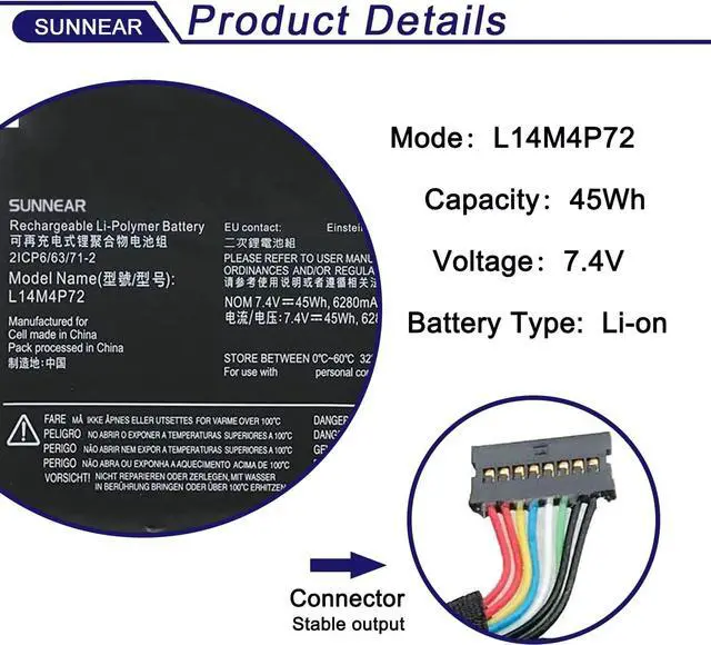 Alt view image 2 of 7 - L14M4P72 45Wh Laptop Battery Replacement for Lenovo Yoga 3-1470Yoga 700-14ISK Series Notebook L14S4P72 5B10G84689 5B10K10226 5B10G75095 5B10K10224 7.4V 6280mAh
