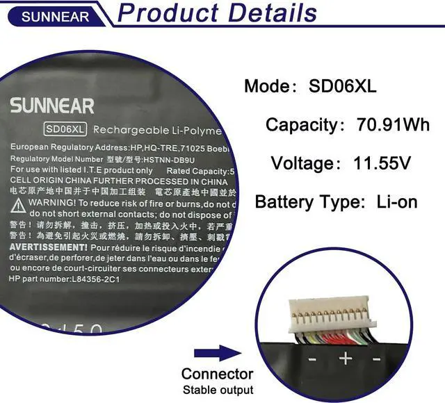 Alt view image 2 of 7 - SUNNEAR SD06XL Battery Replacement for HP Omen 15-EK 15-EN 15-EK0000 15-EK0009TX 15-EN0029NR Series Laptop HSTNN-DB9U L84356-2C1 L84392-005 L84392-006 SD06070XL SDO6XL 11.55V 70.91Wh 5833mAh