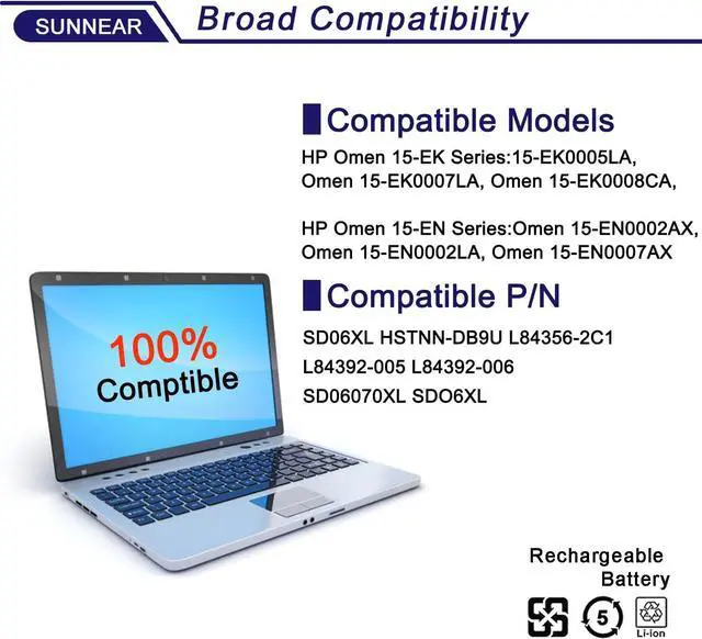 Alt view image 5 of 7 - SUNNEAR SD06XL Battery Replacement for HP Omen 15-EK 15-EN 15-EK0000 15-EK0009TX 15-EN0029NR Series Laptop HSTNN-DB9U L84356-2C1 L84392-005 L84392-006 SD06070XL SDO6XL 11.55V 70.91Wh 5833mAh