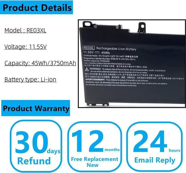 Alt view image 3 of 4 - RE03XL New Laptop Battery Compatable with HP ProBook 430 440 445 450 455R G6 G7, ZHAN 66 Pro 13 14 15 G2 G3 Series Laptop, HSTNN-OB1C HSTNN-UB7R HSTNN-DB9A L32407-AC1 L32407-2B1