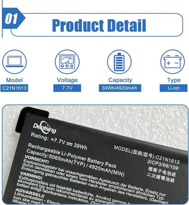 Alt view image 2 of 6 - Dentsing C21N1613 (7.7V 39Wh/5085mAh) Compatible Laptop Battery with Asus Chromebook Flip C302C Series Notebook C21PQC5 0B200-02280000
