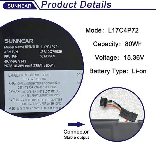 Alt view image 2 of 7 - SUNNEAR L17C4P72 Laptop Battery Replacement for Lenovo ThinkPad X1 Extreme 1st Gen/2nd Gen ThinkPad P1 1st/2nd Gen Series L17M4P72 01AY968 01AY969 L18M4P71 01YU911 5B10V98091 SB10Q76929 SB10Q76928