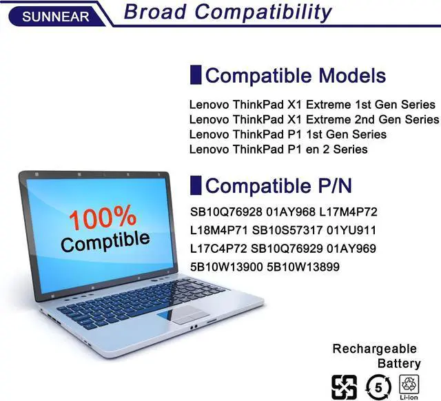 Alt view image 5 of 7 - SUNNEAR L17C4P72 Laptop Battery Replacement for Lenovo ThinkPad X1 Extreme 1st Gen/2nd Gen ThinkPad P1 1st/2nd Gen Series L17M4P72 01AY968 01AY969 L18M4P71 01YU911 5B10V98091 SB10Q76929 SB10Q76928