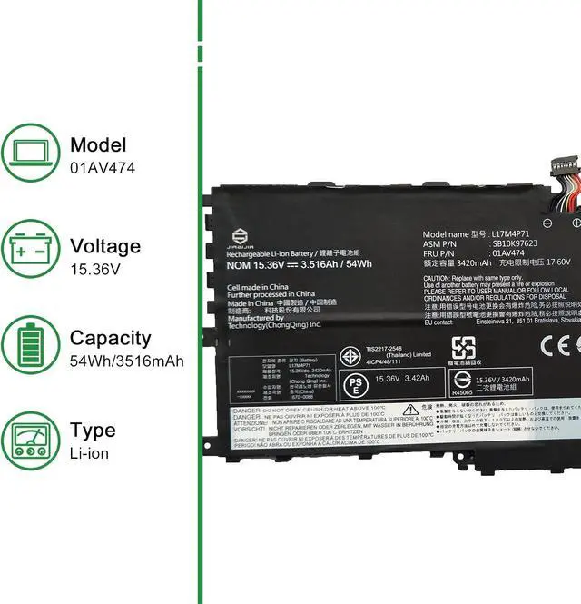 Alt view image 2 of 6 - 01AV474 L17M4P71 SB10K97623 Laptop Battery Replacement for Lenovo ThinkPad X1 Yoga 3rd Gen 2018 Series 01AV475 L17C4P71 SB10K97624 L17M4P73 SB10K97638 01AV499 02DL003 15.36V 54Wh 3516mAh