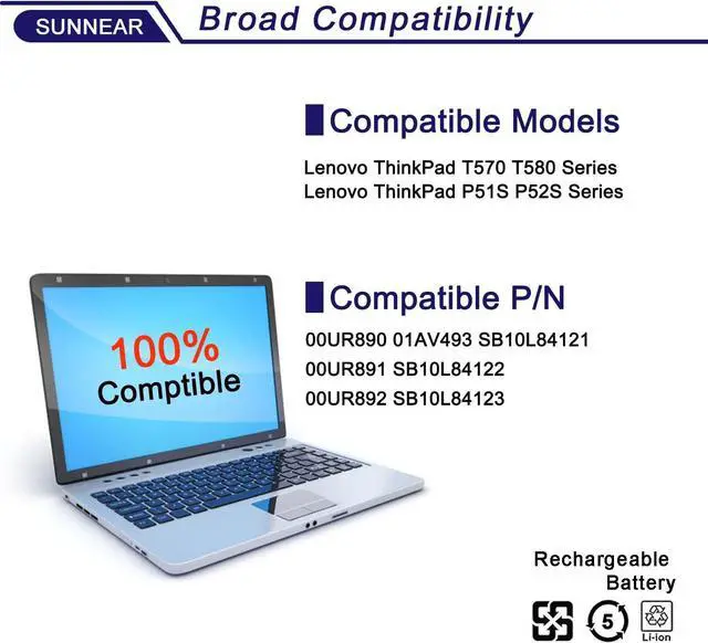Alt view image 5 of 7 - 00UR891 SB10L84122 Battery Replacement for Lenovo ThinkPad T570 T580 P51S P52S ytpe 20H9 20HA 20JX 20JW 20L9 20LA Series internal battery 00UR890 01AV493 00UR892 SB10L84123 SB10L84121 32Wh 2095mAh